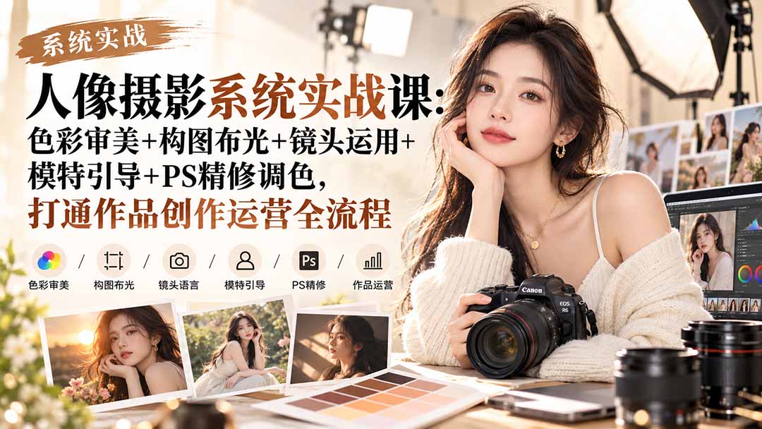 【无水印】人像摄影系统实战课：色彩审美+构图布光+镜头运用+模特引导+PS精修调色，打通作品创作运营全流程-续财库