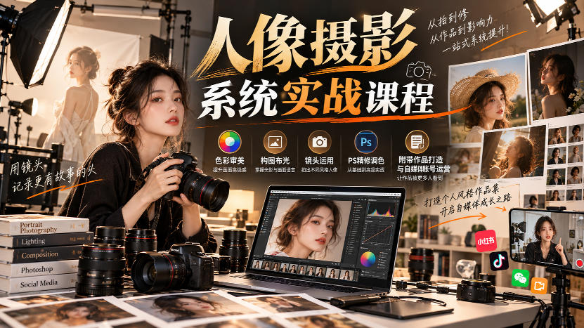 【无水印】人像摄影系统实战课程，色彩审美、构图布光、镜头运用、PS精修调色，附带作品打造与自媒体账号运营-续财库