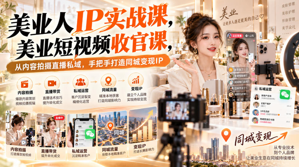 【无水印】美业人IP实战课，美业短视频收官课，从内容拍摄直播私域，手把手打造同城变现IP-续财库