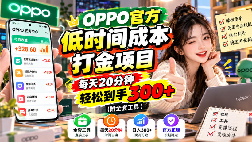 OPPO官方低时间成本打金项目，每天20分钟，轻松到手300+(附全套工具)【揭秘】-续财库