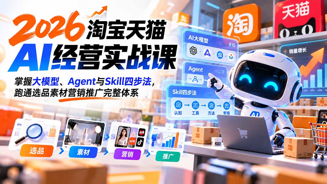 【无水印】2026淘宝天猫AI经营实战课：掌握大模型、Agent与Skill四步法，跑通选品素材营销推广完整体系-续财库