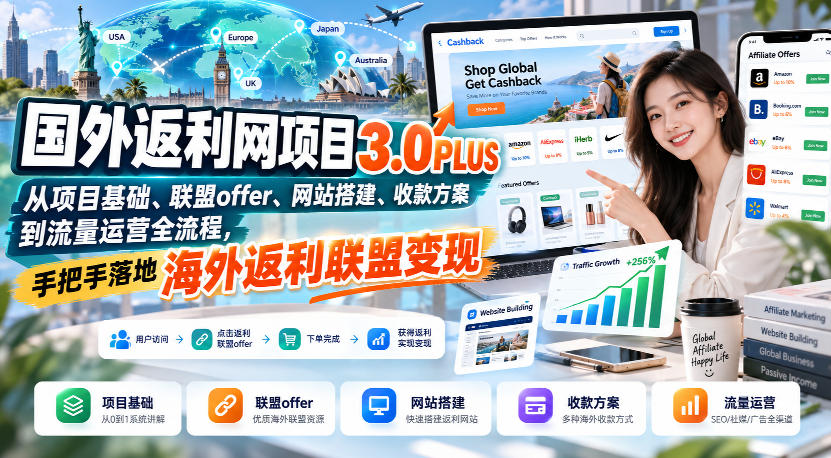 国外返利网项目3.0PLUS，从项目基础、联盟offer、网站搭建、收款方案到流量运营全流程，手把手落地海外返利联盟变现-续财库
