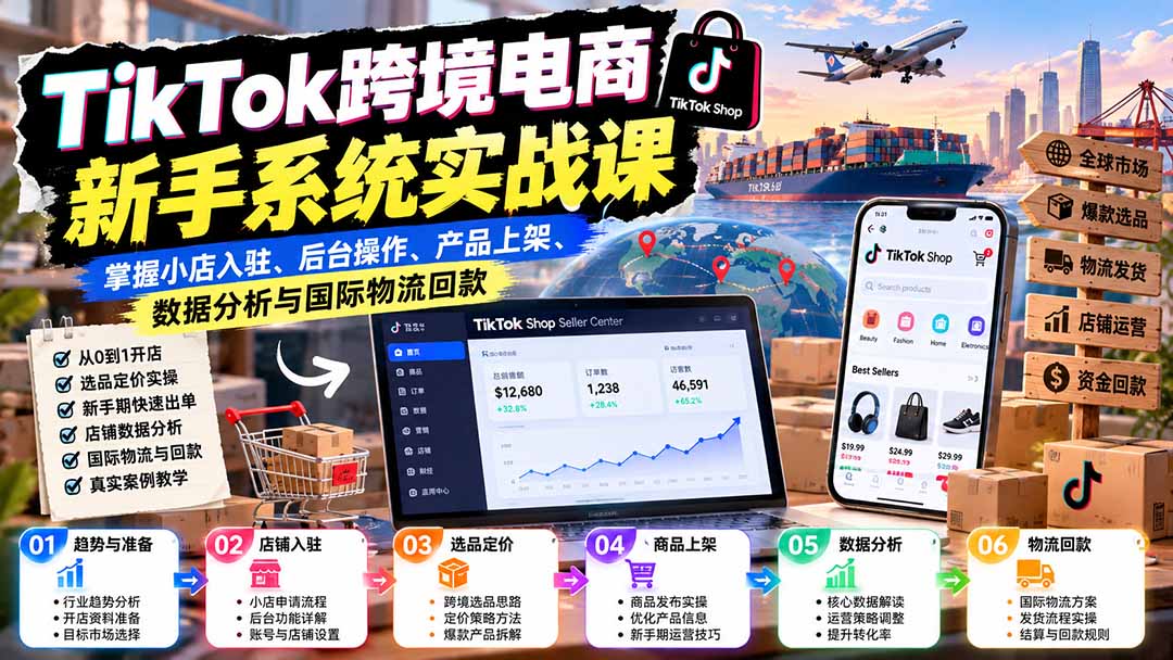 TikTok跨境电商新手系统实战课：掌握小店入驻、后台操作、产品上架、数据分析与国际物流回款-续财库