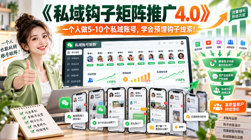 【无水印】《私域钩子矩阵推广4.0》一个人做5-10个私域账号,学会预埋钩子线索!-续财库