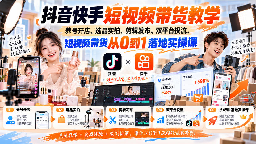 抖音快手短视频带货教学｜养号开店、选品实拍、剪辑发布、双平台投流，短视频带货从0到1落地实操课-续财库