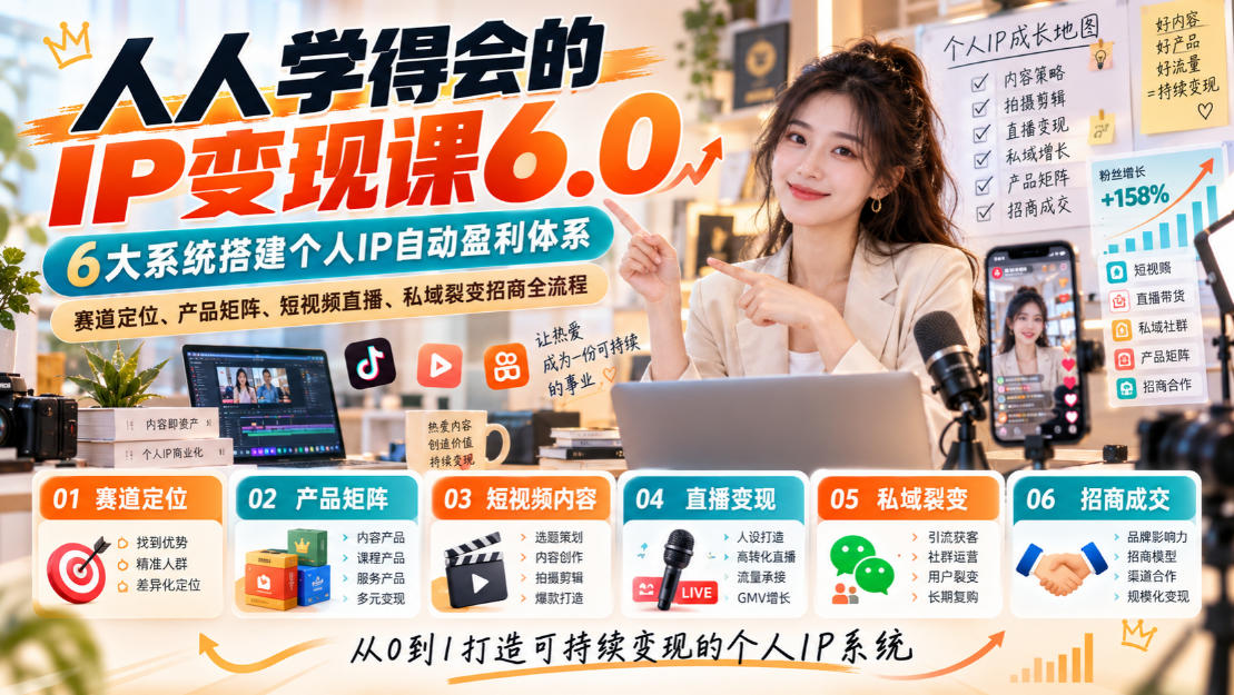人人学得会的IP变现课6.0，6大系统搭建个人IP自动盈利体系，赛道定位、产品矩阵、短视频直播、私域裂变招商全流程-续财库
