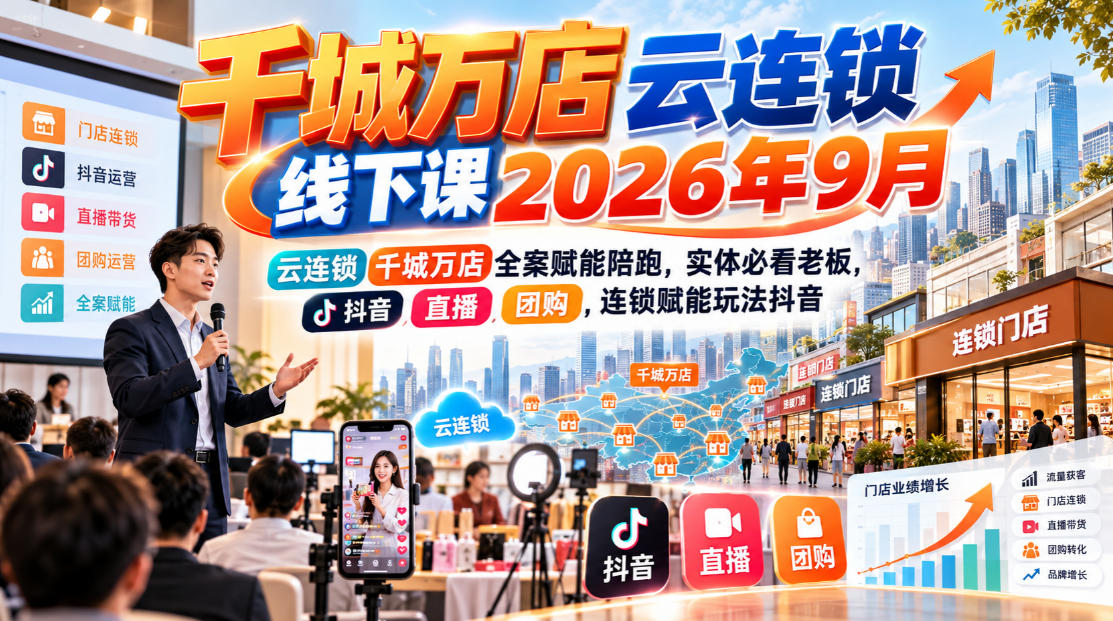 千城万店云连锁线下课2026年9月，云连锁千城万店全案赋能陪跑，实体必看老板，抖音，直播，团购，连锁赋能玩法抖音-续财库