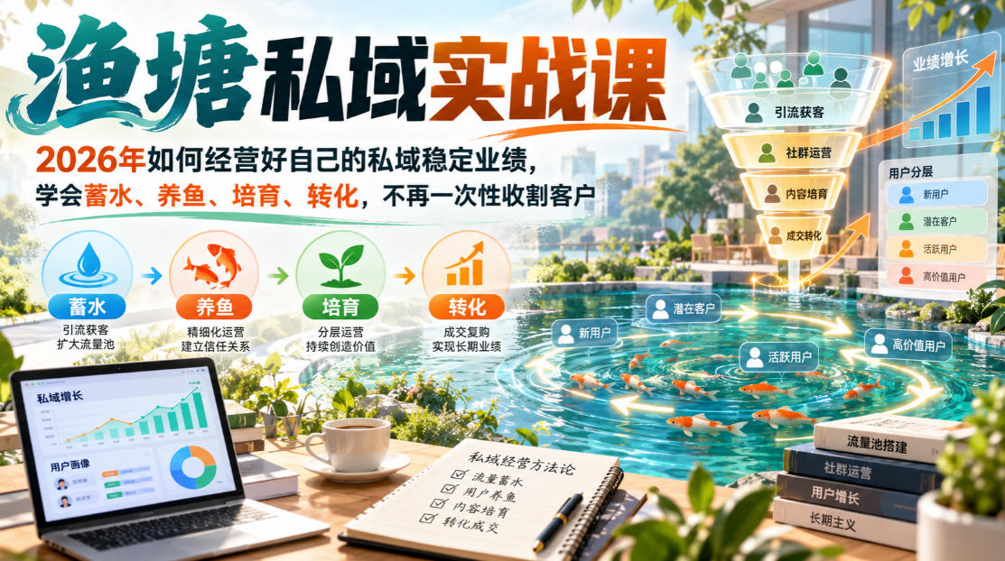 渔塘私域实战课,2026年如何经营好自己的私域稳定业绩,学会蓄水、养鱼、培育、转化,不再一次性收割客户-续财库