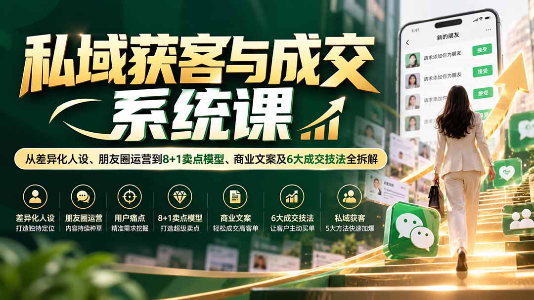私域获客与成交系统课：从差异化人设、朋友圈运营到8+1卖点模型、商业文案及6大成交技法全拆解-续财库