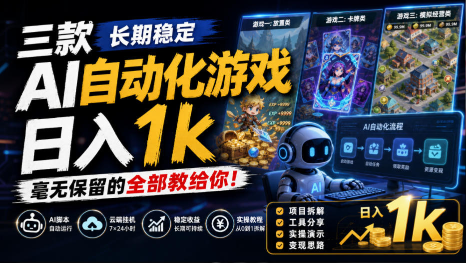 三款长期稳定AI自动化游戏，日入1k，毫无保留的全部教给你！【揭秘】-续财库