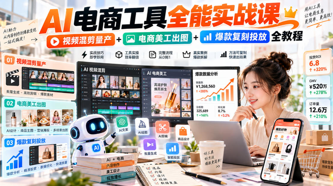 AI电商工具全能实战教学,视频混剪量产+电商美工出图+爆款复刻投放全教程-续财库