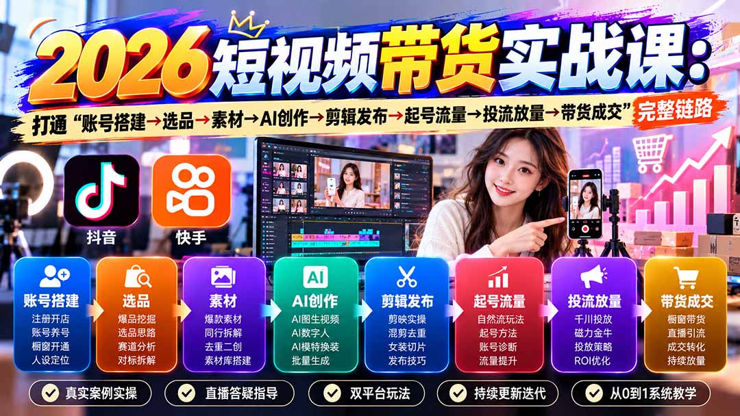 2026短视频带货实战课9月:打通“账号搭建→选品→素材→AI创作→剪辑发布→起号流量→投流放量→带货成交”完整链路-续财库
