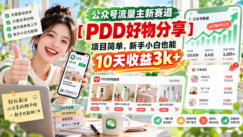 公众号流量主新赛道【PDD好物分享】,项目简单,新手小白也能10天收益3k+-续财库