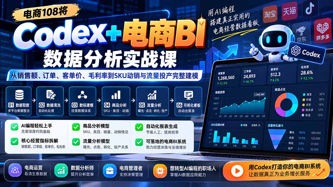Codex+电商BI数据分析实战课-更新：从销售额、订单、客单价、毛利率到SKU动销与流量投产完整建模-续财库