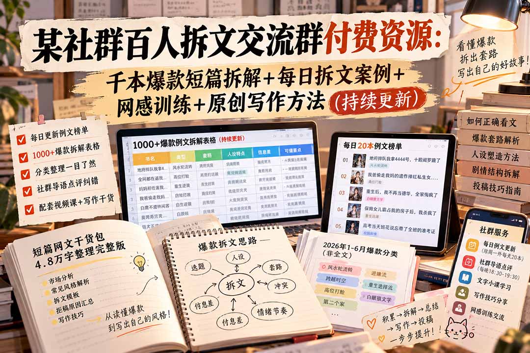 某社群百人拆文交流群付费资源-更新0929：千本爆款短篇拆解+每日拆文案例+网感训练+原创写作方法-续财库