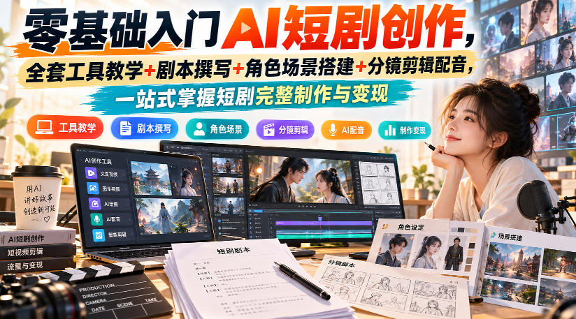 零基础入门AI短剧创作,全套工具教学+剧本撰写+角色场景搭建+分镜剪辑配音,一站式掌握短剧完整制作与变现-续财库