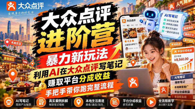 大众点评进阶营，暴力新玩法，利用AI在大众点评写笔记， 賺取平台分成收益，手把手带你跑完整流程-续财库