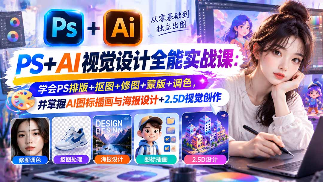 【无水印】PS+AI视觉设计全能实战课：学会PS排版+抠图+修图+蒙版+调色，并掌握AI图标插画与海报设计+2.5D视觉创作-续财库