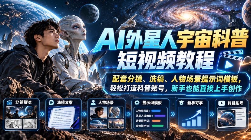 AI外星人宇宙科普短视频教程，配套分镜、洗稿、人物场景提示词模板，轻松打造科普账号，新手也能直接上手创作-续财库