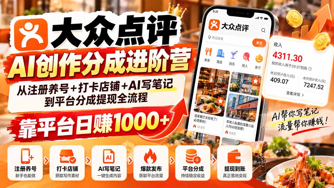 大众点评AI创作分成进阶营：从注册养号+打卡店铺+AI写笔记到平台分成提现全流程，靠平台日赚1000+-续财库