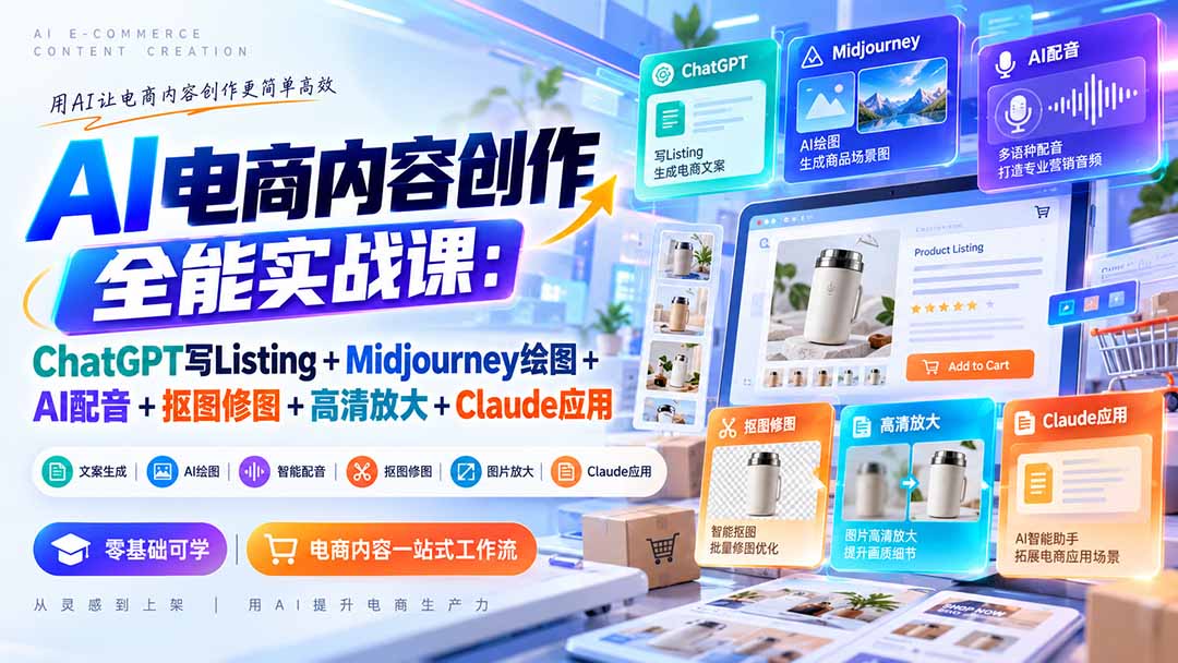 【无水印】AI电商内容创作全能实战课：ChatGPT写Listing+Midjourney绘图+AI配音+抠图修图+高清放大+Claude应用-续财库