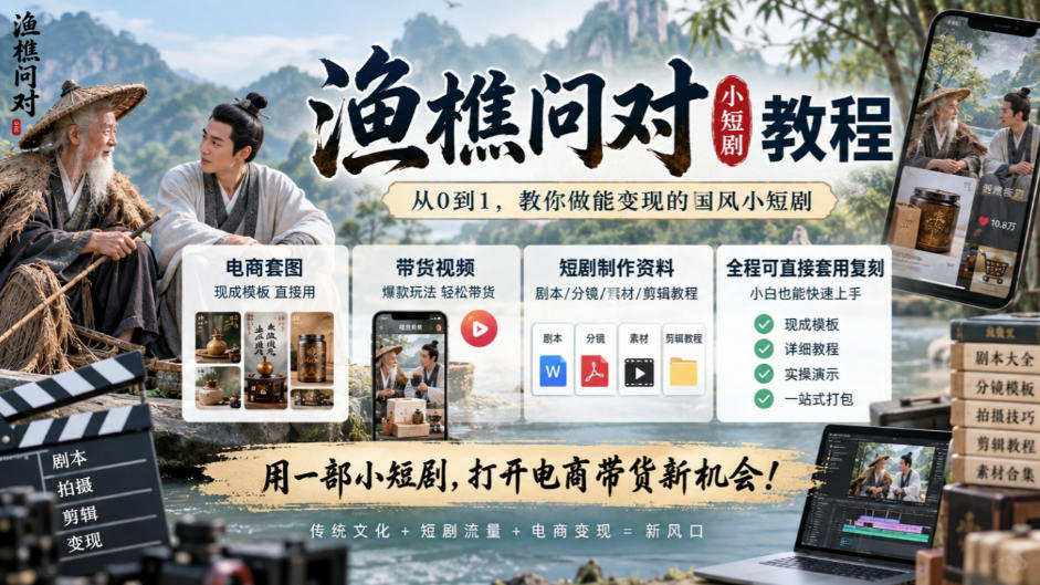 渔樵问对小短剧教程,包含电商套图、带货视频,短剧制作资料,全程可直接套用复刻-续财库