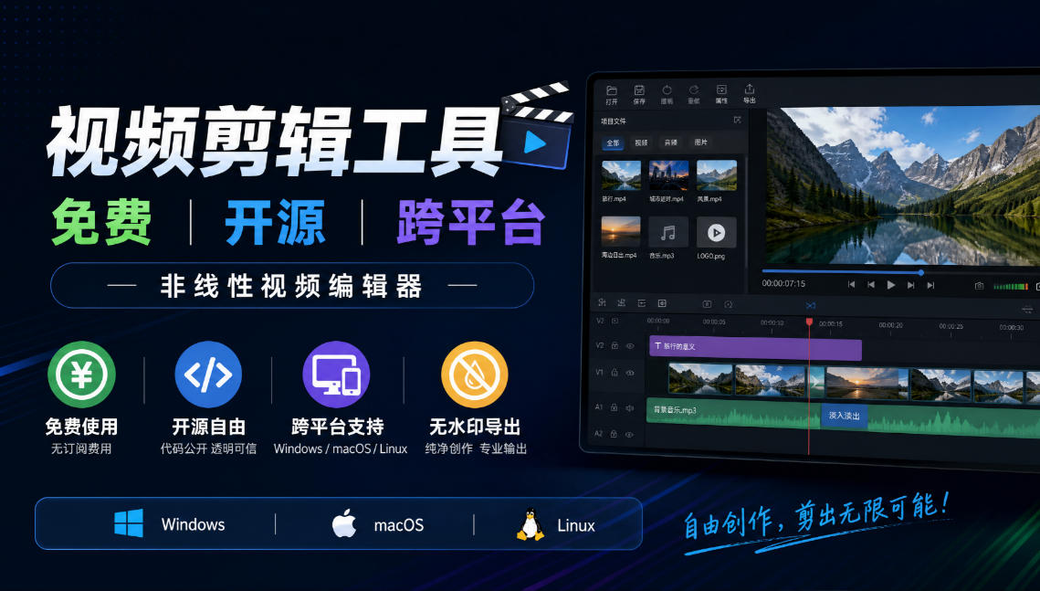 视频剪辑工具,免费、开源、跨平台,非线性视频编辑器,支持Windows、macOS、Linux,无水印、无订阅费用-续财库