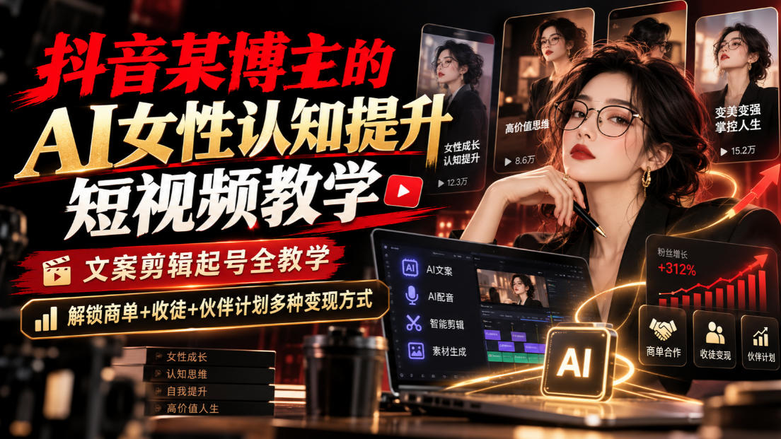 抖音某博主的Ai女性认知提升短视频教学，文案剪辑起号全教学，解锁商单+收徒+伙伴计划多种变现方式-续财库