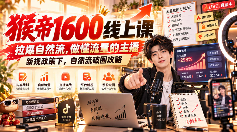 猴帝1600线上课，拉爆自然流，做懂流量的主播，新规政策下，自然流破圈攻略【更新261002】-续财库