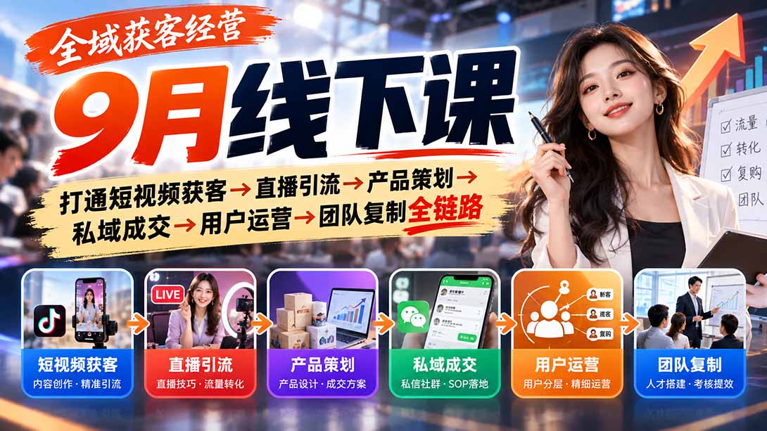 全域获客经营9月线下课:打通短视频获客→直播引流→产品策划→私域成交→用户运营→团队复制全链路-续财库