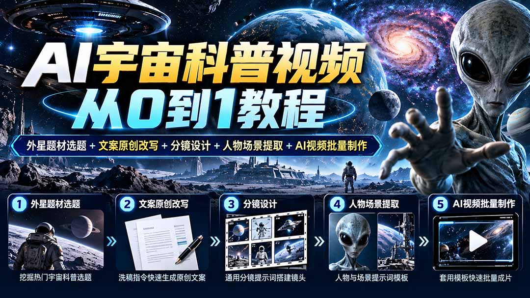 AI宇宙科普视频从0到1教程｜外星题材选题+文案原创改写+分镜设计+人物场景提取+AI视频批量制作-续财库