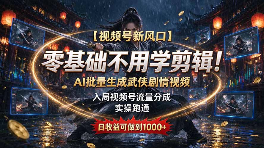 【视频号新风口】零基础不用学剪辑!AI 批量生成武侠剧情视频,入局视频号流量分成,实操跑通,日收益可做到 1000+-续财库