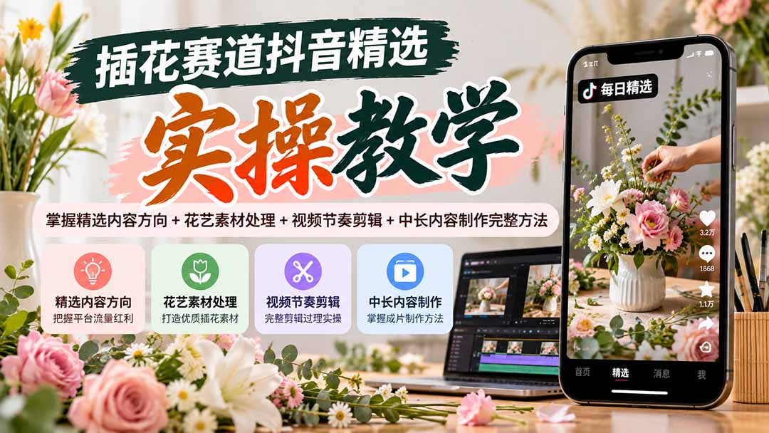 插花赛道抖音精选实操教学:掌握精选内容方向+花艺素材处理+视频节奏剪辑+中长内容制作完整方法-续财库