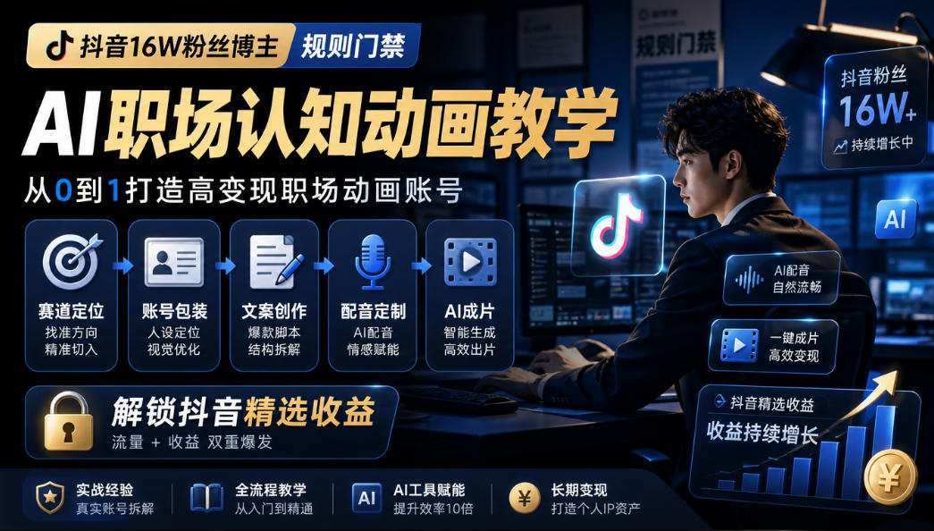 抖音16W粉丝博主规则门禁的AI职场认知动画教学,从赛道定位、账号包装,到文案创作、配音定制、AI成片,解锁抖音精选收益-续财库