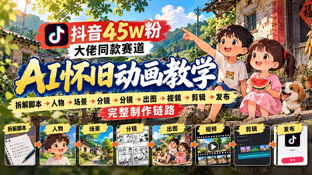 抖音45W粉大佬同款赛道AI怀旧动画教学:拆解脚本→人物→场景→分镜→出图→视频→剪辑→发布完整制作链路-续财库