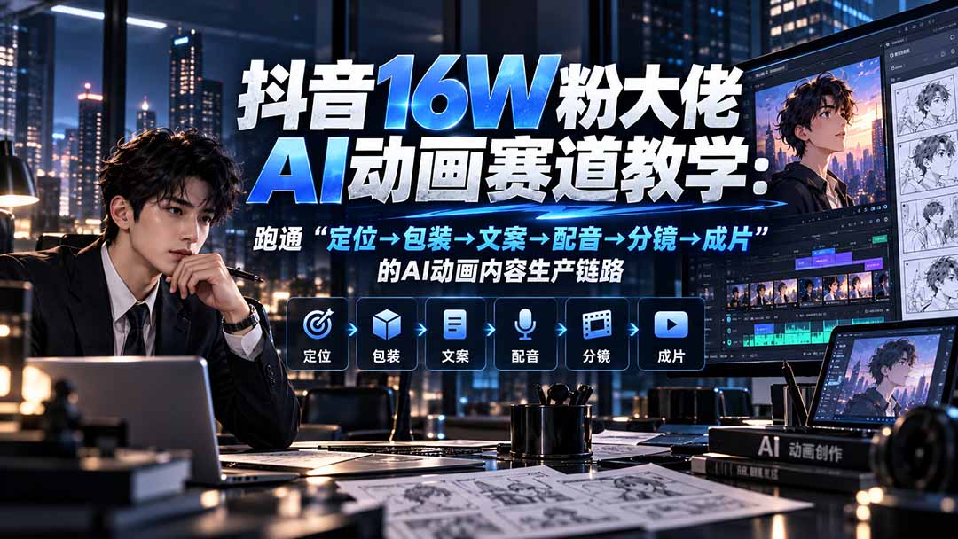抖音16W粉大佬规则门禁AI动画赛道教学:跑通“定位→包装→文案→配音→分镜→成片”的AI动画内容生产链路-续财库