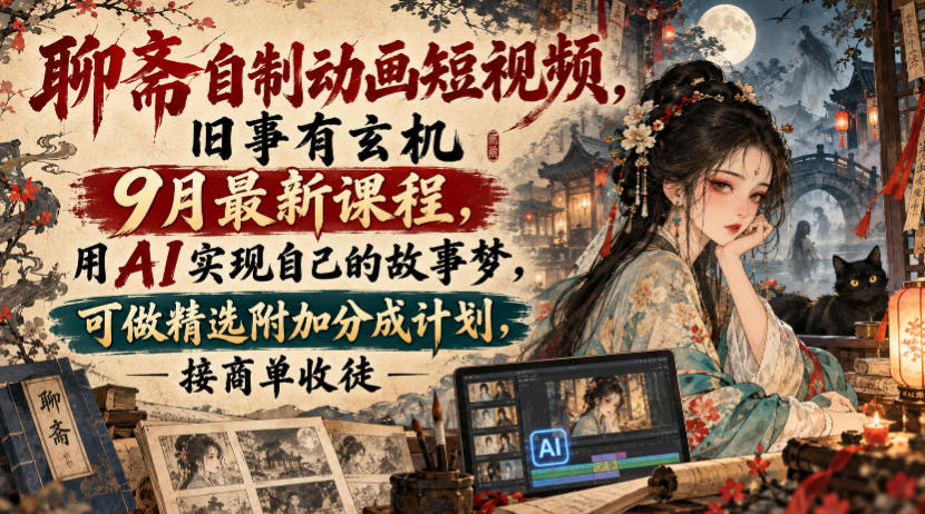 聊斋自制动画短视频,旧事有玄机9月最新课程,用AI实现自己的故事梦,可做精选附加分成计划,接商单收徒-续财库