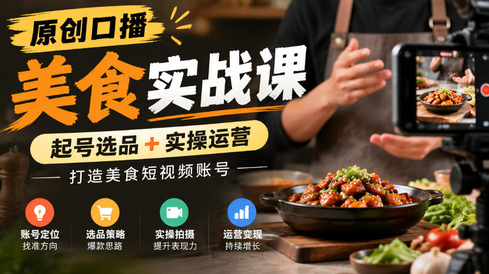 原创口播美食实战课,起号选品+实操运营,打造美食短视频账号-续财库