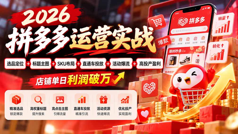 2026拼多多运营实战-更新1002:选品定位+标题主图+SKU布局+直通车投放+活动爆流+高投产盈利 店铺单日利润破万-续财库