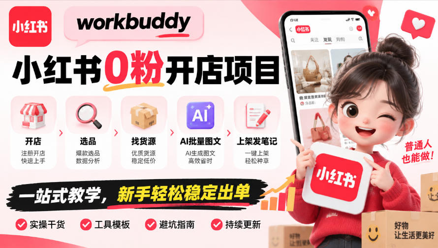 workbuddy小红书0粉开店项目,开店、选品、找货源、AI批量图文、上架发笔记一站式教学,新手轻松稳定出单-续财库