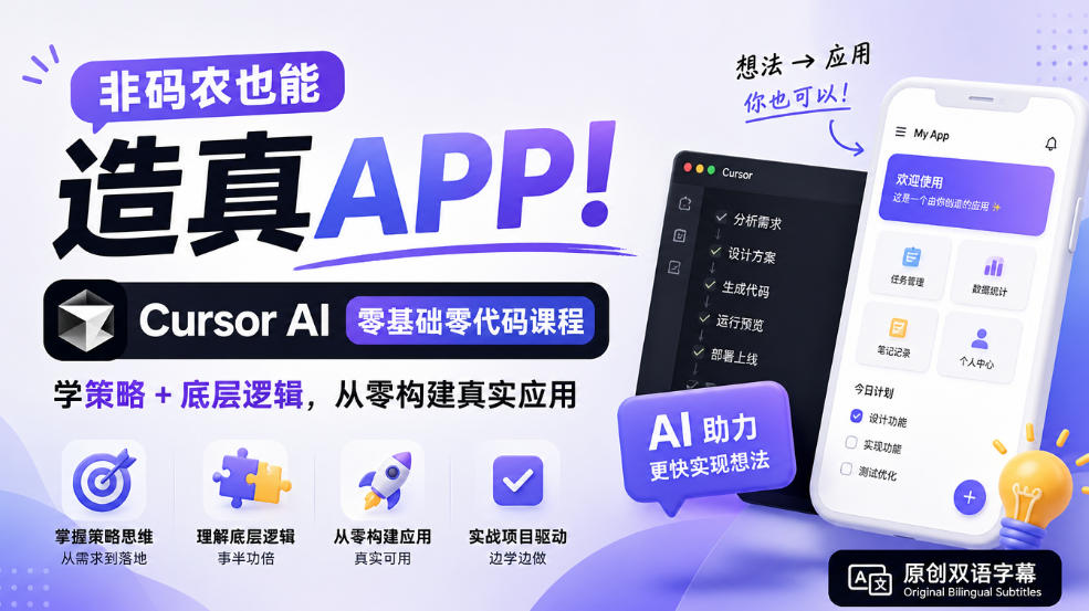 非码农也能造真APP！Cursor AI零基础零代码课程：学策略+底层逻辑，从零构建真实应用【原创双语字幕】-续财库