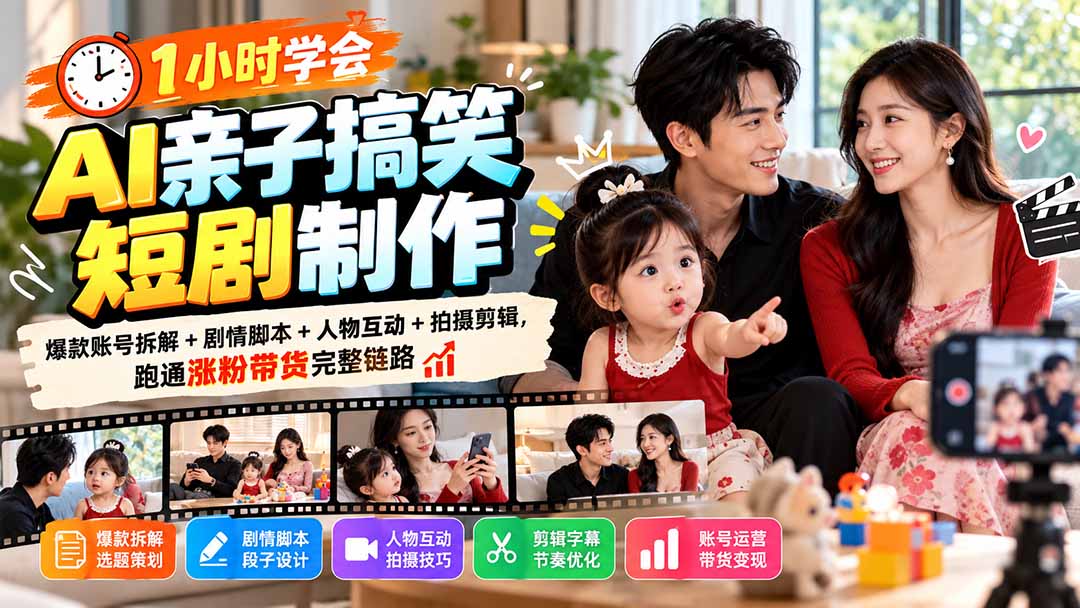 1小时学会AI亲子搞笑短剧制作：爆款账号拆解+剧情脚本+人物互动+拍摄剪辑，跑通涨粉带货完整链路-续财库