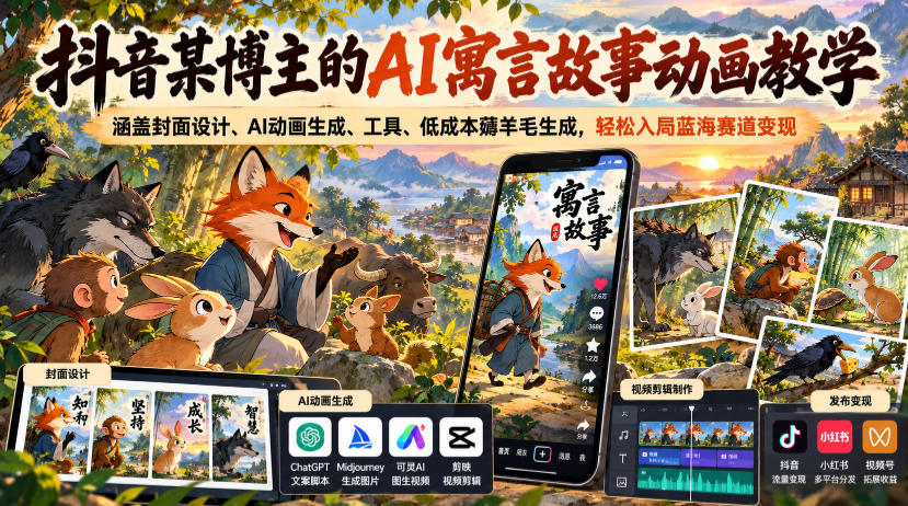 抖音某博主的AI寓言故事动画教学，涵盖封面设计、AI动画生成、工具、低成本薅羊毛生成，轻松入局蓝海赛道变现-续财库