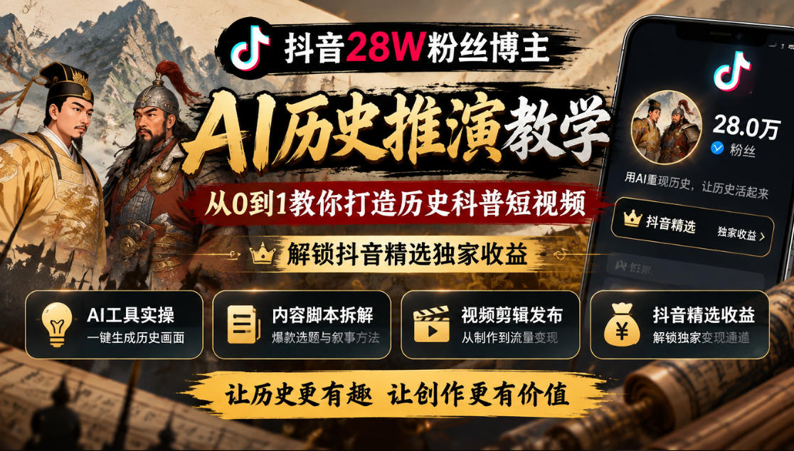 抖音28W粉丝博主的AI历史推演教学,从0到1教你打造历史科普短视频,解锁抖音精选独家收益-续财库