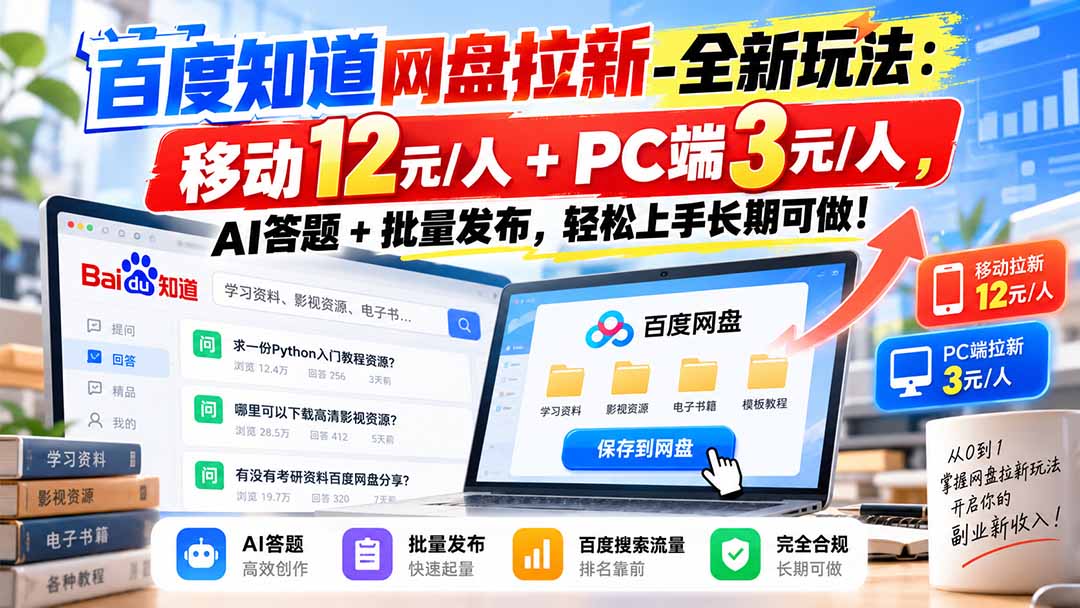 百度知道网盘拉新-全新玩法:移动12元/人+PC端3元/人,AI答题+批量发布,轻松上手长期可做!-续财库