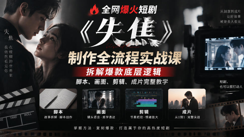 全网爆火短剧《失焦》制作全流程实战课|拆解爆款底层逻辑,脚本、画面、剪辑、成片完整教学-续财库