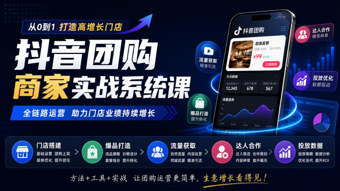 抖音团购商家实战系统课|门店搭建、爆品打造、流量获取、达人合作、投放数据全链路运营-续财库