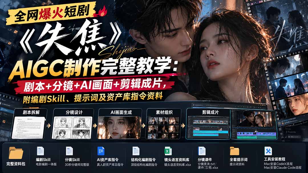 全网爆火短剧《失焦》AIGC制作完整教学：剧本+分镜+AI画面+剪辑成片，附编剧Skill、提示词及资产库指令资料-续财库