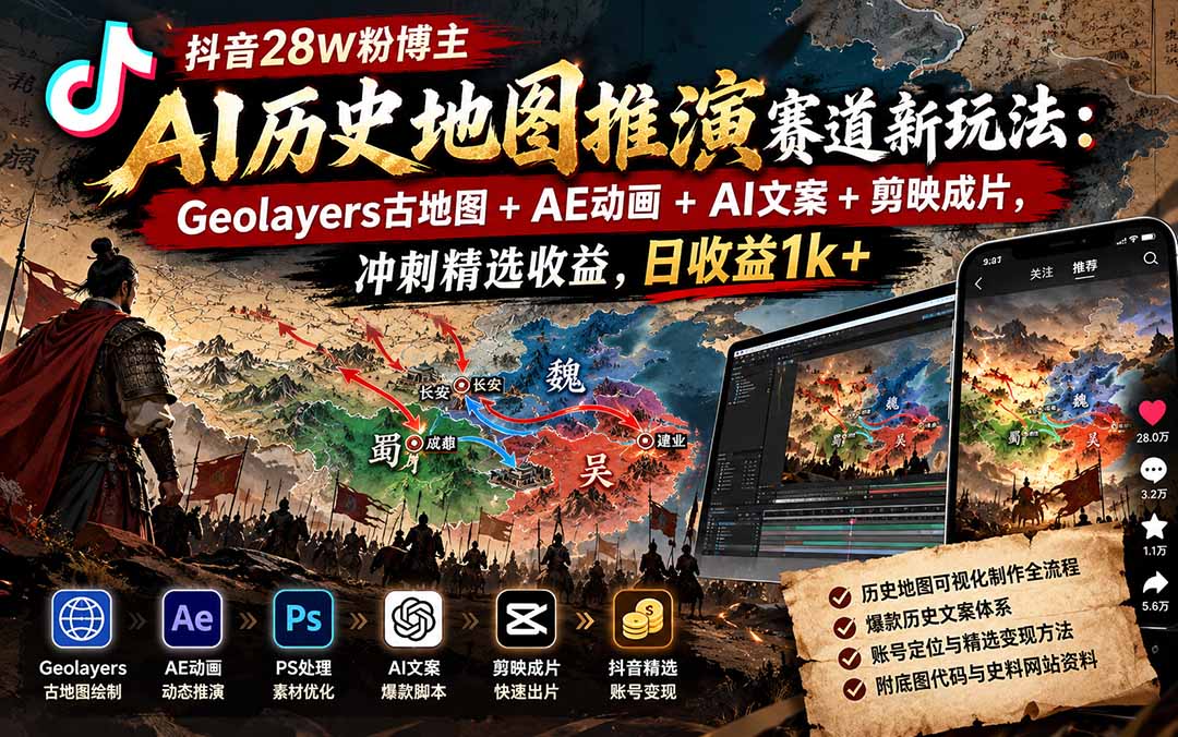抖音28W粉博主AI历史地图推演赛道新玩法：Geolayers古地图+AE动画+AI文案+剪映成片，冲刺精选收益，日收益1k+-续财库