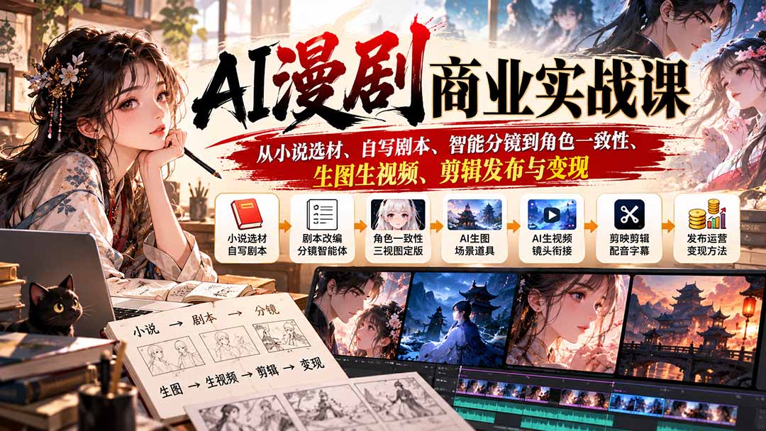 AI漫剧商业实战课：从小说选材、自写剧本、智能分镜到角色一致性、生图生视频、剪辑发布与变现-续财库